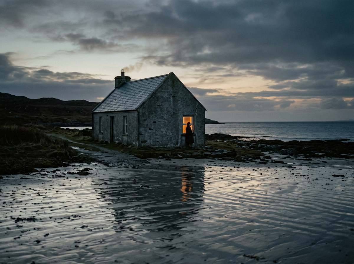 A film still of a stone house on the tide line at dusk, a woman lit at its window