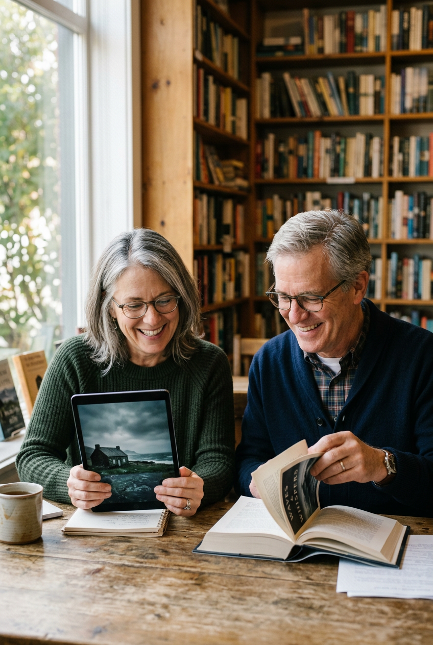 Two readers at a wooden table, one holding a tablet that plays a film of a house by the sea, the other turning pages of an open book