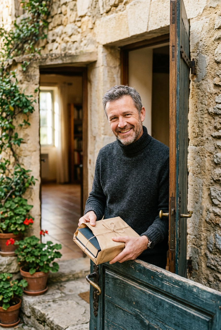 A man at the open door of a stone house, smiling, holding a book wrapped in kraft paper