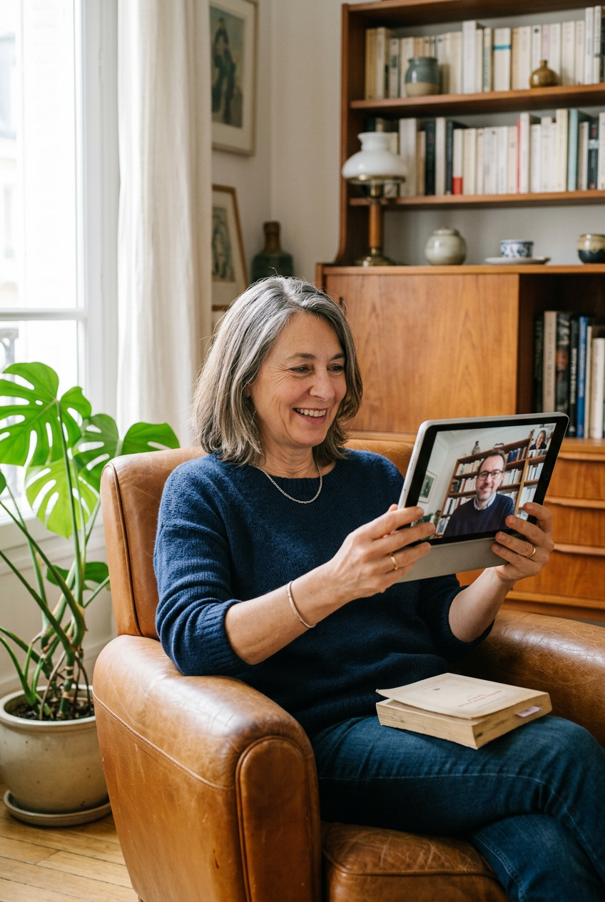 A woman in a leather armchair at home talks with a bookseller on a tablet, a paperback on her knee